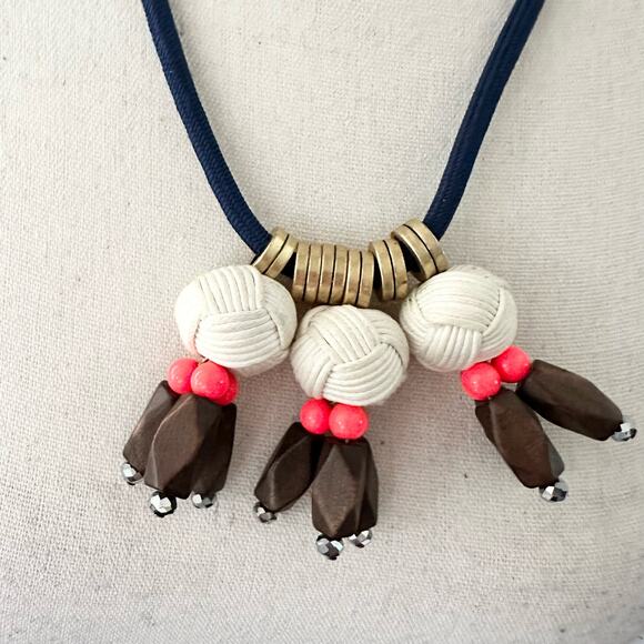 JCrew Nautical Long Cording Rope Ball Wooden Bead Statement Beach Boho Necklace - Picture 2 of 6